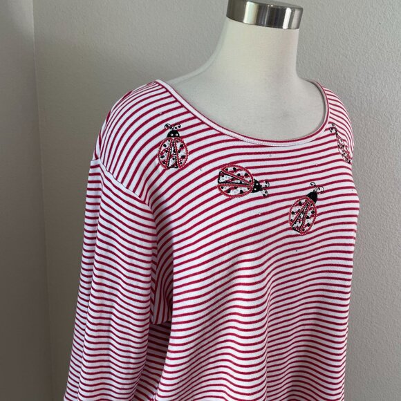 Quacker Factory Womens Plus 2X Red White Striped Ladybug Embroidered Top Shirt - Picture 2 of 10